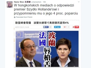 Hongkońskie media o twardej odpowiedzi premier Szydło, której udzieliła Hollande'owi