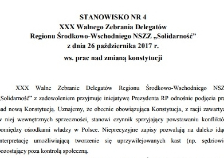  Stanowiska podjęte podczas XXX Walnego Zebrania Delegatów Regionu Środkowo-Wschodniego NSZZ „Solidarność”