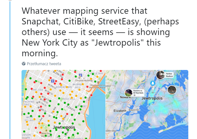  Mapa w Snapchacie zmieniła nazwę Nowego Jorku na "Jewtropolis"