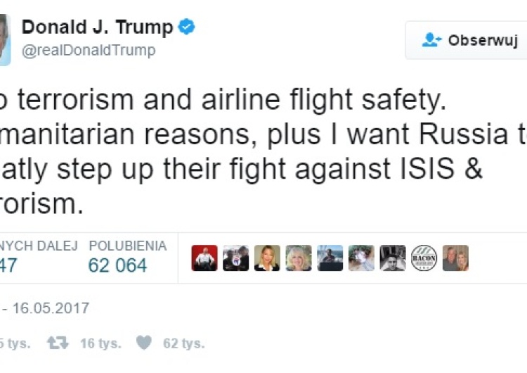  Trump: Miałem prawo podzielić się z Rosją faktami związanymi z terroryzmem.