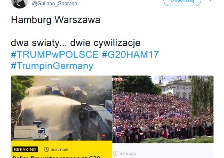 zrzut ekranu "Witamy w piekle" - protesty w "jądrze Europy". Cały świat porównuje Polskę z Hamburgiem