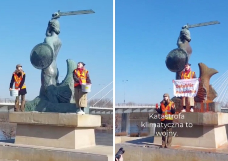 Aktywiści oblali pomnik warszawskiej Syrenki Ekoaktywiści Ostatniego Pokolenia oblali farbą warszawską Syrenkę