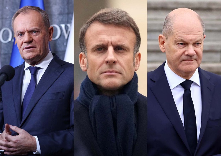 Donald Tusk, Emmanuel Macron i Olaf Scholz 