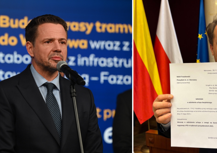 Prezydent Warszawy Rafał Trzaskowski i radny Jan Mencwel Aktywista przyniósł Trzaskowskiemu gotowy wniosek urlopowy na czas kampanii