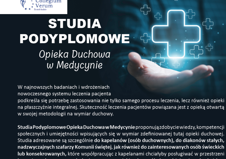 Plakat promujący studia „Gość w dom, Bóg w dom”. Nowa i stara wizja opieki duchowej w medycynie