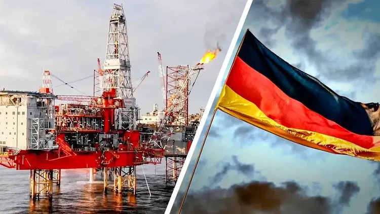 Morska platforma wiertnicza i niemiecka flaga oddzielona ukośną linią