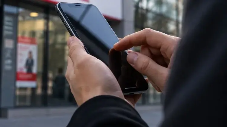 reka ze smartfonem przed bankiem