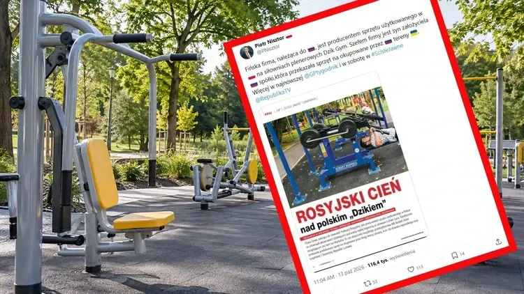 Siłownia plenerowa z urządzeniami do ćwiczeń. Na pierwszym planie zrzut ekranu wpisu Piotra Nisztora