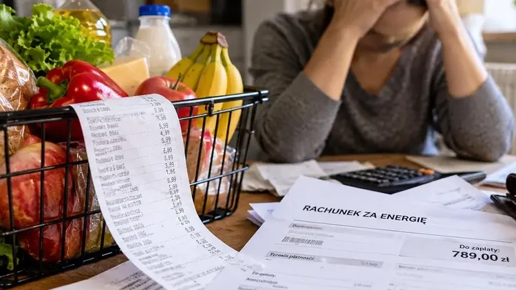 Koszyk z żywnością, paragony i rachunek za energię na stole, w tle zmartwiona osoba.