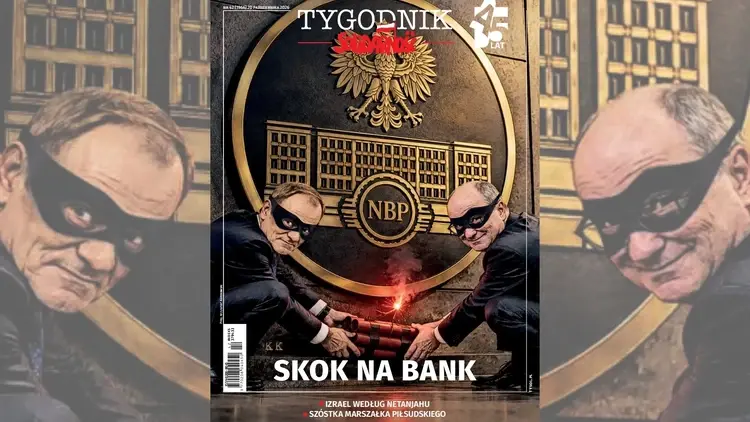 Symbol NBP, dwóch mężczyzn w maskach złodziei podkłada dynamit