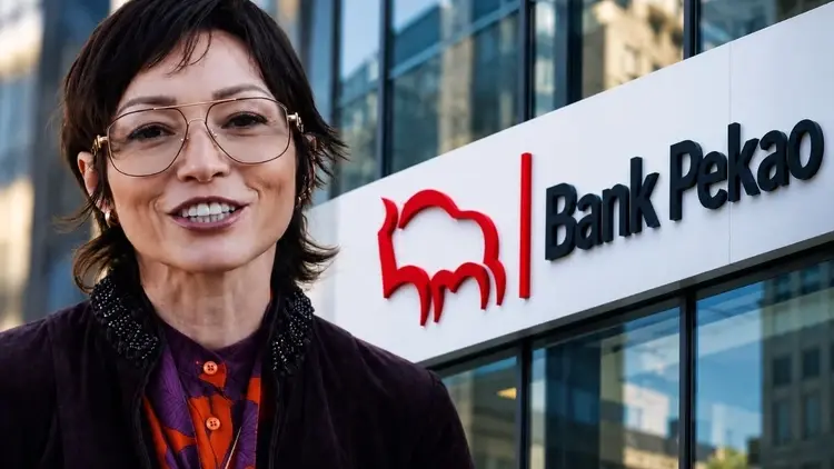 Barbara Mróz-Gorgoń na tle banku pekao