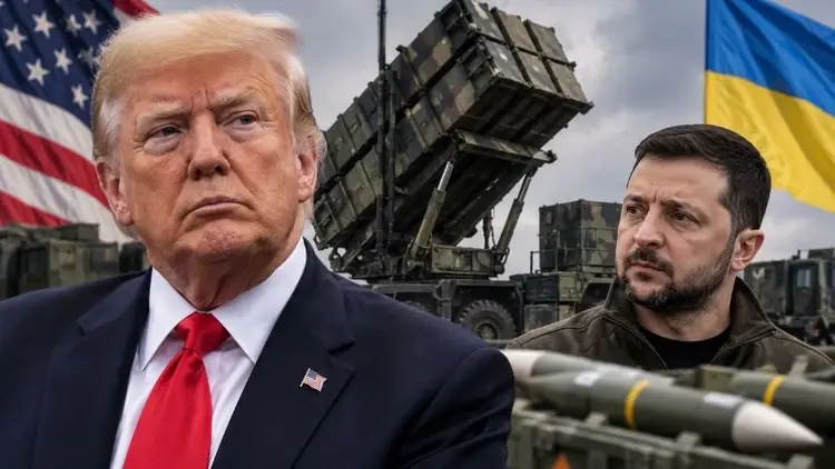 Donald Trump, Wołodymyr Zełenski w tle wyrzutnia patriot