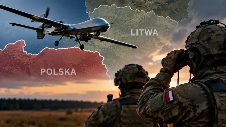dron, mapa i żołnierze z lornetkami