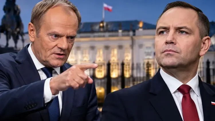 Donald Tusk, Karol Nawrocki w tle pałac prezydencki