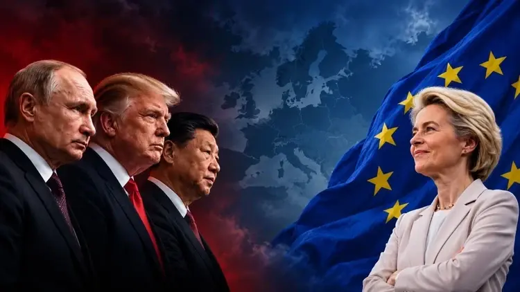 Władimir Putin, Donald Trump, Xi Jinping i Ursula von der Leyen na tle flagi UE