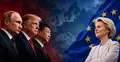 Władimir Putin, Donald Trump, Xi Jinping i Ursula von der Leyen  na tle flagi UE