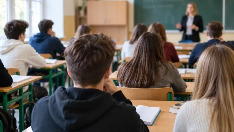 Chłopak siedzący tyłem na lekcji. W tle nauczyciel i uczniowie