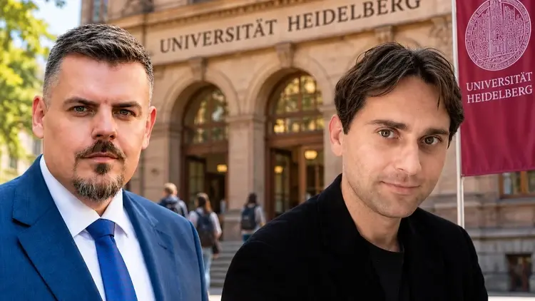 Sebastian Meitz i Grzegorz Rossoliński-Liebe na tle Uniwersytetu w Heidelbergu