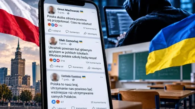 telefon z postami flaga polska i ukraińska człowiek w kapturze