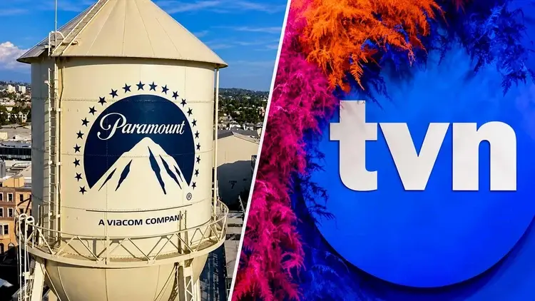 Kolaż przedstawiający po lewej wieżę Paramount na tle zabudowy studyjnej, a po prawej logo TVN na niebieskim tle z kolorowymi roślinami, rozdzielone ukośną białą linią