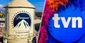 Kolaż przedstawiający po lewej wieżę Paramount na tle zabudowy studyjnej, a po prawej logo TVN na niebieskim tle z kolorowymi roślinami, rozdzielone ukośną białą linią