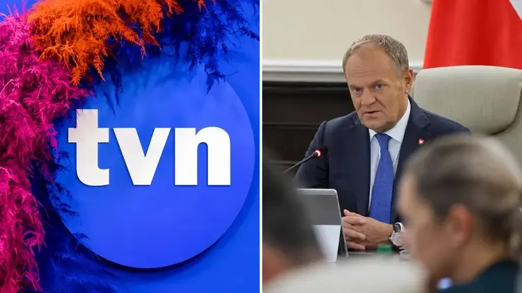 Kolaż przedstawiający po lewej logo TVN, a po prawej premiera Donalda Tuska, rozdzielone białą linią