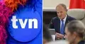 Kolaż przedstawiający po lewej logo TVN, a po prawej premiera Donalda Tuska, rozdzielone białą linią