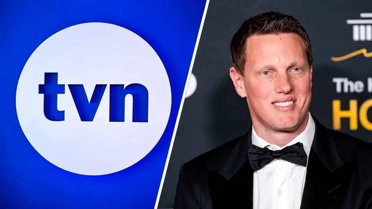 Logo TVN po lewej. Po prawej szef Skydance David Ellison w garniturze. Kolaż oddzielony białą, ukośną linią