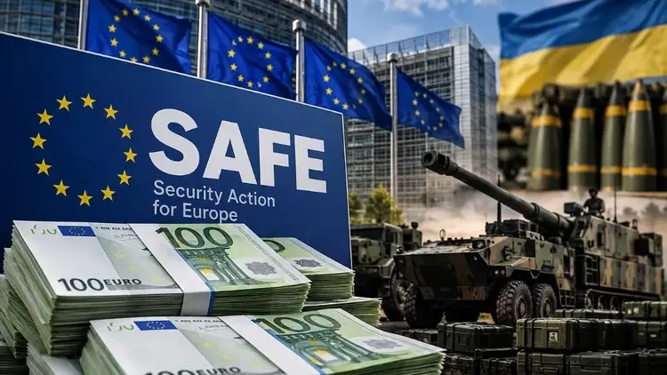 safe, flagi UE i Ukraińska, uzbrojenie