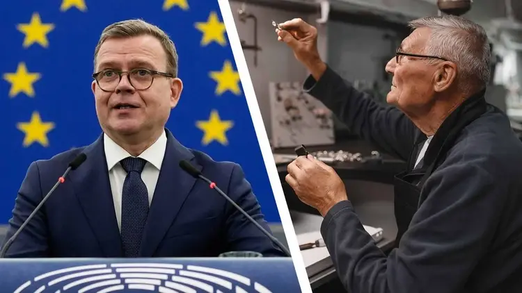 Premier Finlandii Petteri Orpo i starszy pracownik na kolażu ilustrującym debatę o wieku emerytalnym