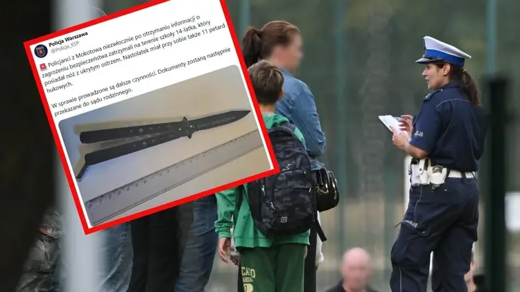 Policjantka przy szkole oraz komunikat warszawskiej policji ze zdjęciem noża z napisem „Śmierć Społeczniakom”, znalezionego u 14-latka.