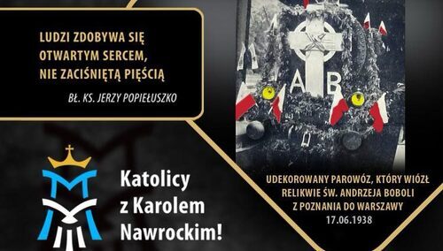 Udekorowany parowóz wiozący relikwie św. Andrzeja Boboli