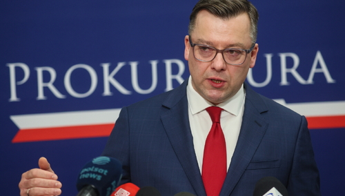 Rzecznik Prokuratury Krajowej prokurator Przemysław Nowak podczas konferencji prasowej w siedzibie PK w Warszawie