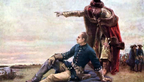 Karol XII i Iwan Mazepa nad Dnieprem po bitwie pod Połtawą. Gustaf Cederstrom
