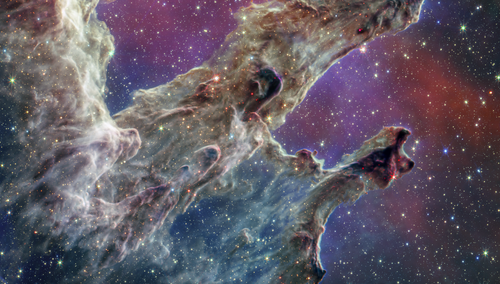 Filary Stworzenia (NIRCam and MIRI Composite Image), fragm. zdjęcia wykonanego przez Teleskop Jamesa Webba