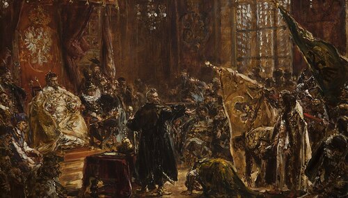 Hołd cara Wasyla Szujskiego przed Zygmuntem III Wazą w 1611 r. - obraz Jana Matejki (XIX w.)