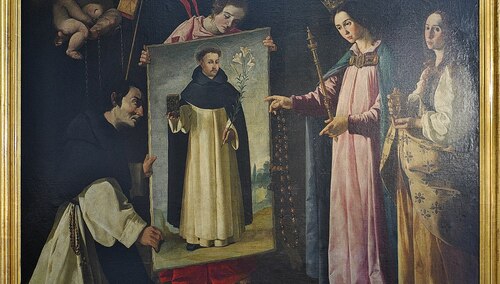 Francisco de Zurbarán (1626), olej na płótnie. Matka Boska ofiarowuje obraz świętego Dominika de Guzmána dominikaninowi w Soriano Calabro.