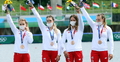 Igrzyska Olimpijskie - Tokio 2020, 7 bm. Polki - od lewej: Karolina Naja, Anna Puławska, Justyna Iskrzycka i Helena Wiśniewska podczas ceremonii medalowej, na torze regatowym "Sea Forest Waterway". W kajakarskiej konkurencji K4 na dystansie 500 metró