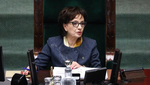 Warszawa, 14.04.2023. Marszałek Elżbieta Witek na sali obrad Sejmu w Warszawie