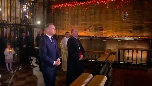 Prezydent Andrzej Duda, abp Wojciech Polak, o. Samuel Pacholski