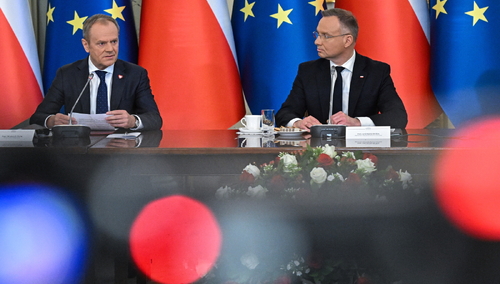 Warszawa, 13.02.2024. Prezydent Andrzej Duda i premier Donald Tusk na posiedzeniu Rady Gabinetowej