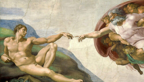 "Stworzenie Adama". Michał Anioł. Fragment fresków Kaplicy Sykstyńskiej