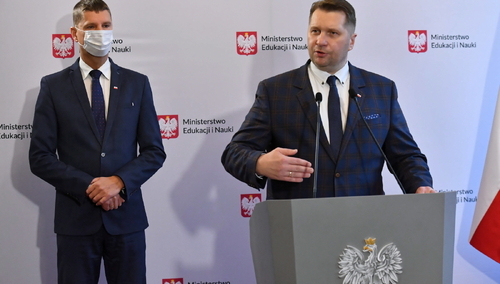 Minister edukacji i nauki Przemysław Czarnek oraz sekretarz stanu w MEiN Dariusz Piontkowski