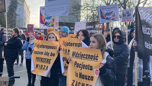 Fizjoterapeuci protestujący pod Sejmem