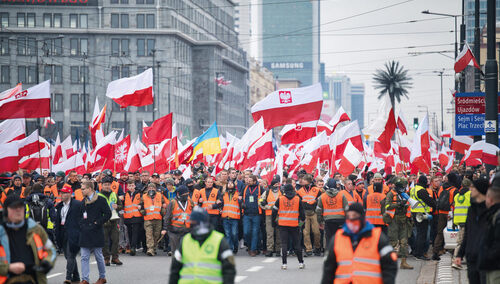 Ludzie maszerujący z flagami Polski