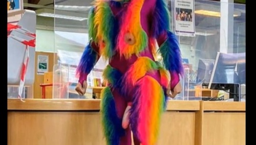 Mężczyzna przebrany za małpę z przyczepionym sztucznym penisem miał zachęcać dzieci do czytania książek.