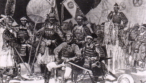 Takamori Saigō (w środku) ze swoimi wojownikami