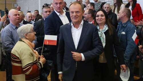 Kleosin, 20.04.2023. Przewodniczący Platformy Obywatelskiej Donald Tusk