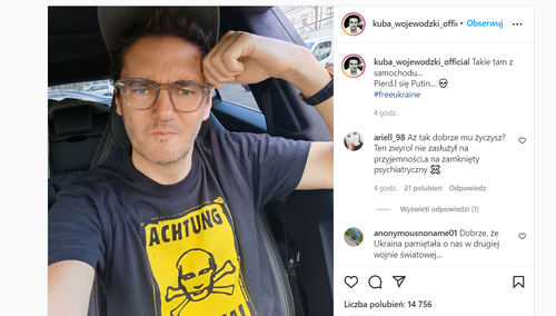 Kuba Wojewódzki w koszulce "Achtung Russia"