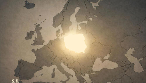 Mapa Europy z rozświetlonym miejscem, w którym leży Polska